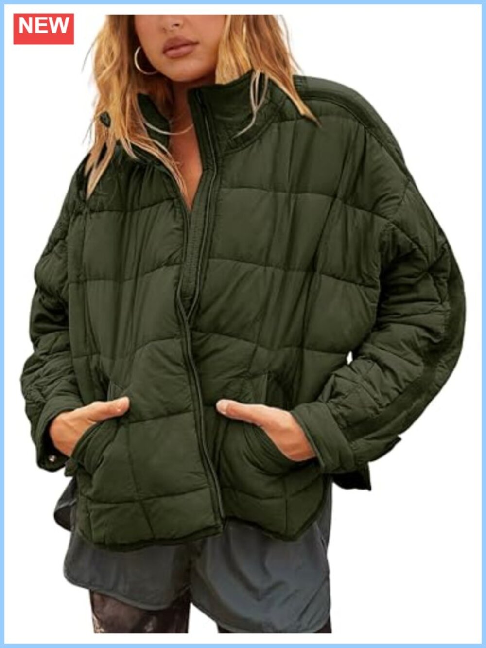 Oversized Quilted Lightweight Puffer Jacket Long Sleeve Stand Collar